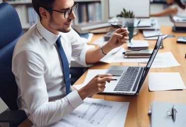 An office environment showcasing employees engaged in customer support and data processing tasks.