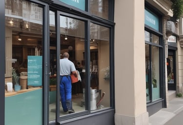 A professional cleaning team working on windows.