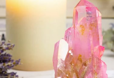 A pink aura quartz crystal cluster placed next to a glowing white candle and lavender.
