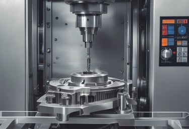 A close-up view of a metalworking machine, focusing on a drill bit actively cutting or drilling into a piece of metal. Sparks and metal shavings are visible, with a flexible coolant hose in the frame. The lighting is dim with warm tones, emphasizing the metallic surfaces.