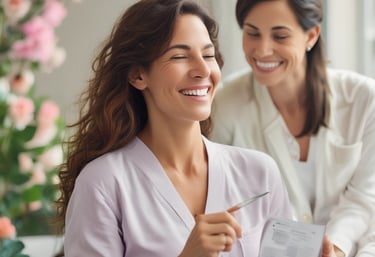A woman is sitting in a relaxed pose, smiling while holding a black bottle with a leaf design. Another person, partially visible, is handing her a dropper bottle. They appear to be in a fitness setting, suggested by straps hanging in the background.