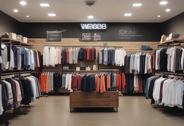 A modern fashion retail store with a minimalist facade. The storefront features a large glass window displaying a clothing rack with various garments, including shirts, pants, and dresses in pastel and neutral colors. The exterior wall is covered in dark gray tiles, with a small, rectangular window reflecting a tree.