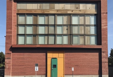 A construction site covered with blue scaffolding is visible. Several signs and banners advertising construction companies and services are attached to the scaffolding. There are details indicating restoration work being done, including contact information and project descriptions.