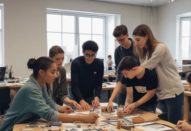 A modern workspace features a large curved monitor displaying a web agency page, surrounded by various items including a laptop, a smartphone, a wireless keyboard, headphones, and a stylus pad. The setup is neatly arranged on a wooden desk against a dark wall, creating a sleek and professional look.