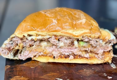 Big Bac Burger from Slap Yo Self BBQ featuring double grilled beef patties, melted cheese, special s