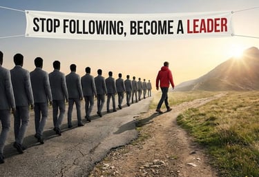 a man walking down a road with a banner saying stop following become a leader