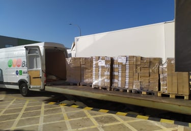 Furgoneta de Transportes Beal cargando pallets con mercancía en un muelle de carga.