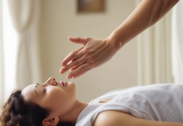 A person is lying face down with smooth black stones placed along their spine. Another person's hands are arranging the stones. Orchid flowers are present, adding a serene and natural touch to the scene. The setting suggests a spa or massage environment focused on relaxation.