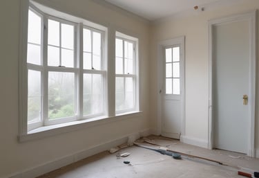 A person wearing protective clothing, a face mask, and gloves is cleaning a white cushioned furniture piece using a vacuum cleaner. The setting appears to be indoors with bright natural light streaming in through large windows. A green potted plant is placed next to a white sofa, adding a touch of nature to the clean and tidy environment.