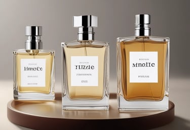 A perfume bottle labeled 'WHISKY SMOKE' is illuminated with warm, swirling golden lights in the background, creating an artistic and vibrant effect.