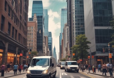 a man riding a skateboard down a street next to tall buildings