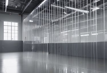 Vertical, textured curtains with light streaming through, creating a pattern of shadows.