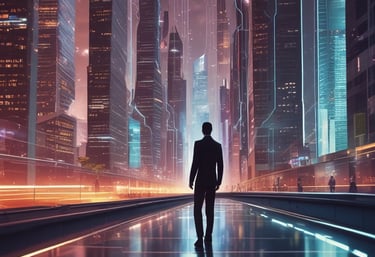 A metallic robotic hand and a human hand point towards each other at the center. Between them, there is a stylized, crystal-like representation of the letters 'AI'. The background is a gradient of orange shades.