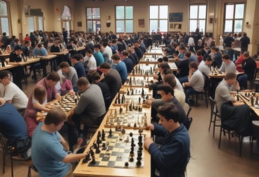 Large chess pieces are arranged on a wooden platform behind vertical metal bars. The setting appears to be outdoors against a corrugated metal wall with two small windows visible.
