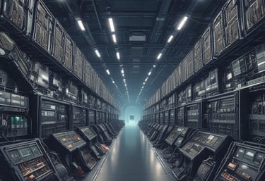 Large blue letters 'AI' stand prominently on a surface covered with a pattern of hexagonal shapes. Dark swirling lines intersect around the letters, creating a sense of motion and complexity. The background has a metallic sheen with a futuristic, digital style.