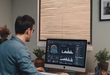 A person holds a smartphone displaying a financial or stock trading app, with detailed graphs and numerical data visible on the screen. In the background, there is a blurred computer monitor and office setting, suggesting a work environment.