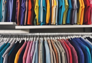 A folded t-shirt with a printed design featuring the text 'Rosemont Barbershop & Grooming Supply' alongside a floral emblem. The establishment details 'Est. Denver 2019 Colorado' are also visible on the shirt. It is displayed on a shelf in a retail environment with a blurred background.