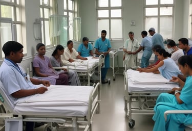 A hospital room containing an MRI machine surrounded by overhead lights and various medical equipment. The room has a clean and clinical environment with red cabinets on the left and diagnostic machines on the right.