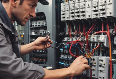 A person wearing a hard hat and a red and gray jacket with reflective stripes is working on an open electrical cabinet filled with various components and wires. The environment appears to be industrial with fluorescent lighting.