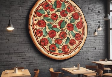 A green wall with a menu list featuring Italian food items such as pasta, pizza, risotto, lasagne, soups, gelato, tiramisu, panna cotta, and coffee. Three black pendant lights hang from the ceiling, casting a warm glow over the area. There is also a glimpse of some greenery in the form of palm leaves.