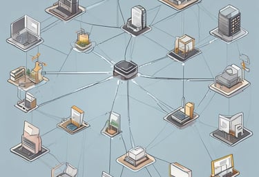 A dimly lit room features a prominent illuminated sign displaying the words 'Sysco LABS.' Below the sign are office desks with various electronic devices, including laptops and cables. The lighting creates a cool and professional atmosphere.