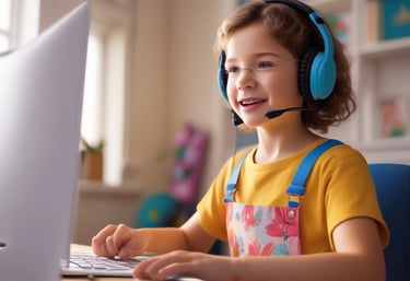 a young girl wearing headphones and a headset