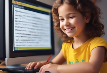 a young girl smiling and holding a pen and writing on a paper