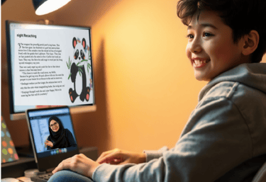 a boy sitting at a desk with a laptop and a computer