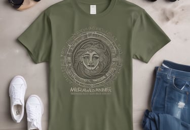 A folded t-shirt with a printed design featuring the text 'Rosemont Barbershop & Grooming Supply' alongside a floral emblem. The establishment details 'Est. Denver 2019 Colorado' are also visible on the shirt. It is displayed on a shelf in a retail environment with a blurred background.