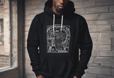 A row of identical black caps is neatly lined up on a white table in front of a large embroidery machine, with threads and machinery parts visible. The caps feature a white embroidered design or logo on the front.