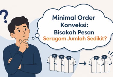 Illustration of a person thinking about minimal order konveksi for custom uniform shirt production.