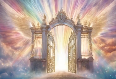 un portail qui s'ouvre sur un ciel de rayons multicolores