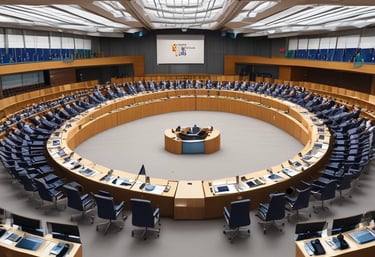 Photograph of the Conseil de Bâle headquarters building with official flags.