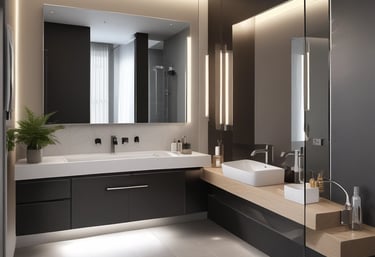 A modern fashion retail store with a minimalist facade. The storefront features a large glass window displaying a clothing rack with various garments, including shirts, pants, and dresses in pastel and neutral colors. The exterior wall is covered in dark gray tiles, with a small, rectangular window reflecting a tree.