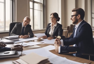 A diverse consulting team collaborating on strategic planning in a bright conference room.