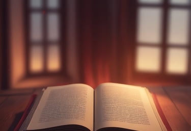 Open book glowing softly in a quiet room, evoking mystery and reflection