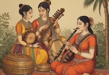 A musician playing a traditional Indian instrument in a serene outdoor environment.