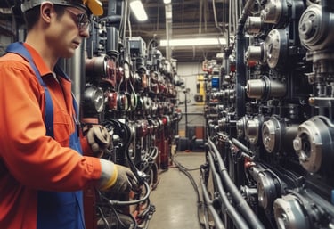 An engineer reviewing blueprints and plans in a modern office environment.