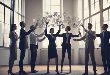 A diverse team of professionals collaborating around a laptop in a modern office space.