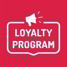 a red and white logo with a megaphone for loyalty program