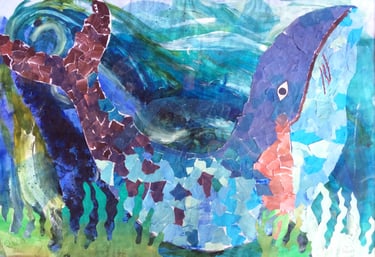 Collage of a whale created by participants at an Age Exchange reminiscence arts session