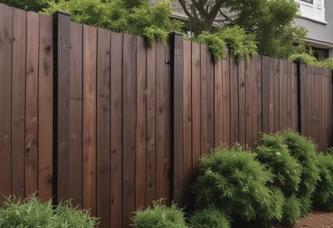 A multi-tiered wood deck brown in color with black iron railings set in a rustic, wooded setting.