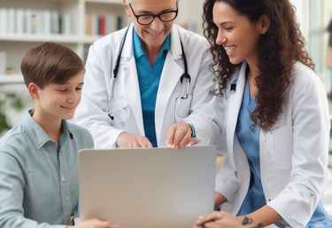 Hands typing on a laptop with a stethoscope resting on the wooden table beside it. The setting suggests a work environment that combines technology with healthcare.