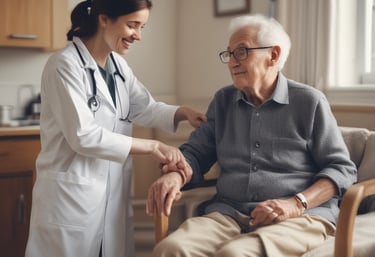 A person wearing a smartwatch writes on a notepad while using a tablet that displays medical images. A stethoscope is positioned close by on a white desk, suggesting a medical setting.