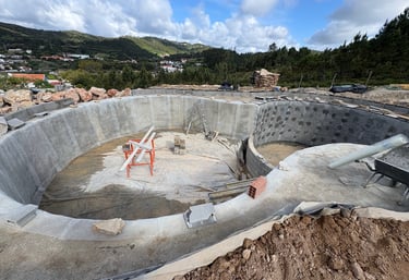 Natural pool build in progress with curved concrete walls and steel rebar — Aqua Vitae construction
