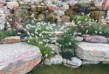 Natural stone steps lead to plunge biopool with waterfalls & adjacent lily pond in Lisbon/Aqua Vitae