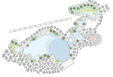 Natural pool site plan with bridge stones, waterfalls, wetland filter & patio fire pit | Aqua Vitae