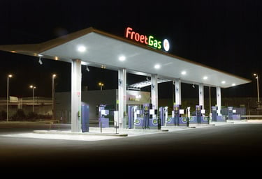 Gas station at night secured by AI fire detection, alert systems, and safety surveillance tools