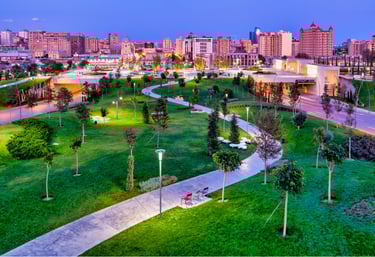 City park at night with smart monitoring and AI-based surveillance of large public spaces