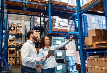 Warehouse staff inspecting inventory in logistics facility, representing access control and surveillance in storage areas